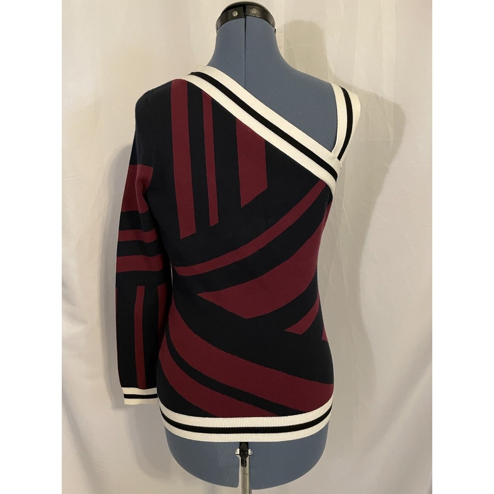 Karen Millen One-Shoulder Striped Knit Top in Black, Burgundy & Cream - Picture 4 of 7